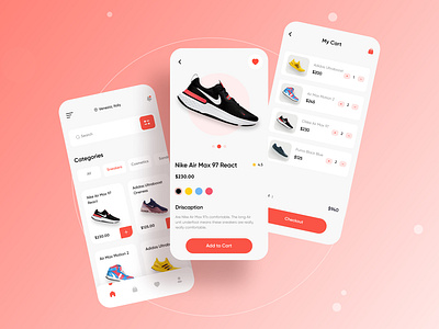 Shoe E-Commerce App addidas app application branding color flat logo minimal mobile app nike nike air shoe shoes app typogaphy ui uiux ux