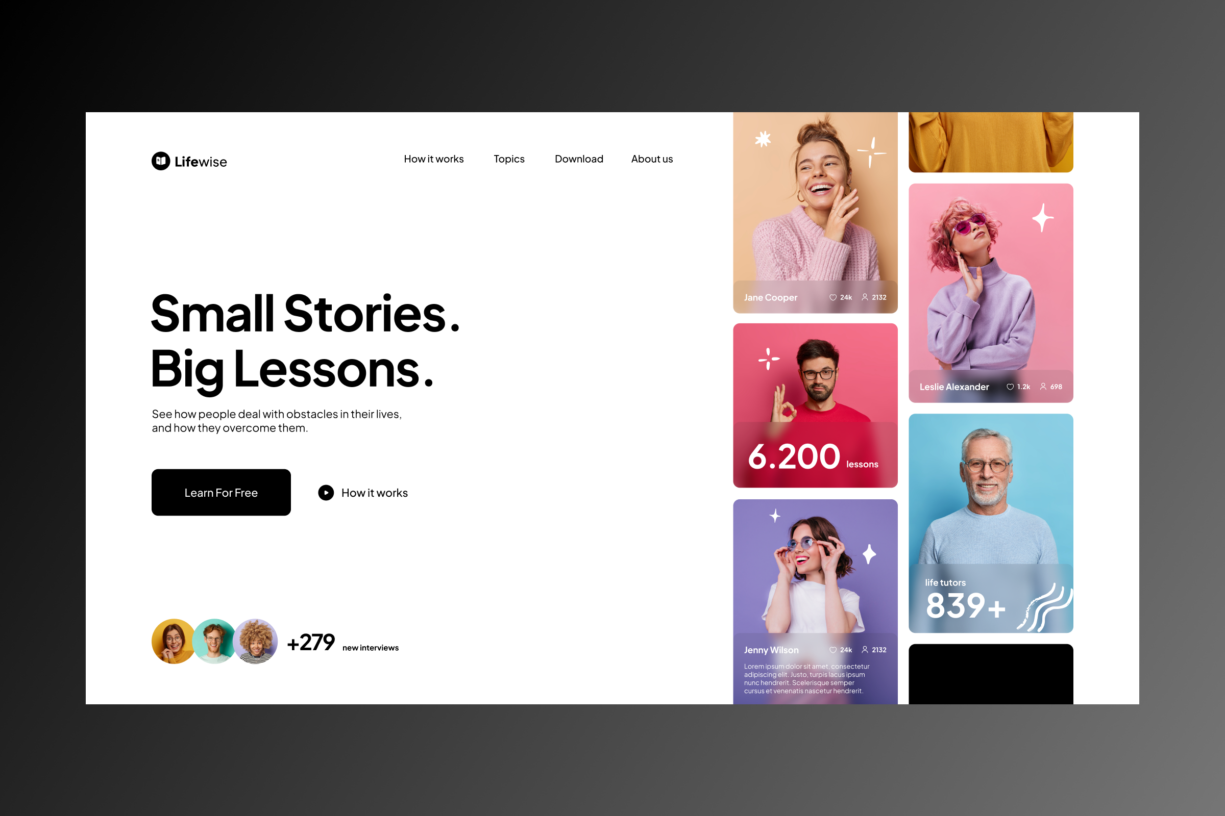 👨‍🎓Lifewise | Learn & Have Fun app branding colorful design fun graphic design hero landing page layout learn lessons modern people startup stories tiktok ui white
