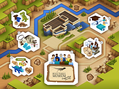 Interactive menu illustration for The Royal Tyrrell Museum 2d affinity designer alberta architecture display education exhibit game illustration interactive isometric landscape map menu museum stylized ui ux