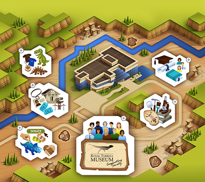 Interactive menu illustration for The Royal Tyrrell Museum 2d affinity designer alberta architecture display education exhibit game illustration interactive isometric landscape map menu museum stylized ui ux