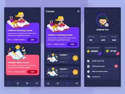 Children Course Mobile App UI app course app dark app dark theme dark ui design mobile app mobile design mobile ui school app ui ui ux ui design uidesign uiux ux ui uxui