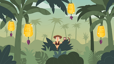 Jungle Girl banana exotic forest girl graphic design green greenery illustration jungle monkey palm people tropical vector