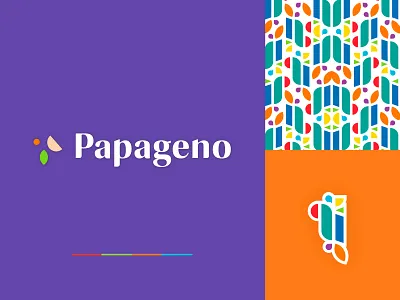 Papageno Game Brand abstract bird brand identity branding circle colorful energy fun game garden happy identity leaf logo opera pattern play playful purple shapes