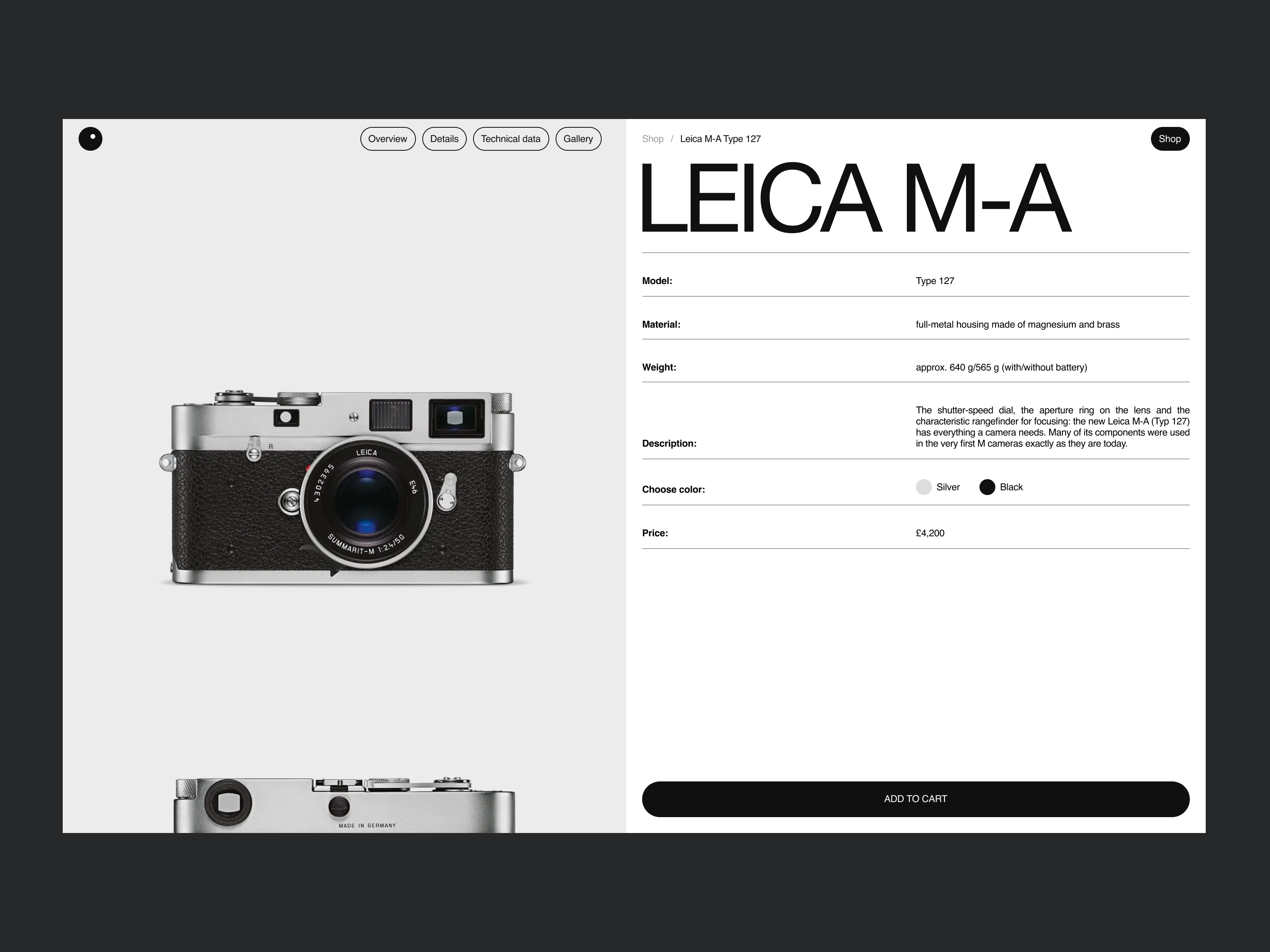 LEICA M-A product page concept articles camera cart desktop e commerce e commerce ecommerce helvetica industrial leica online shopping photography product product page shopping shopping cart swiss design ui ui animation website design