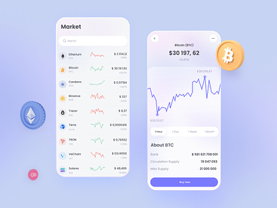 Crypto Market ₿ Mobile app 3d app coins creative crypto currency design gradient graphic light colors market mobile ui