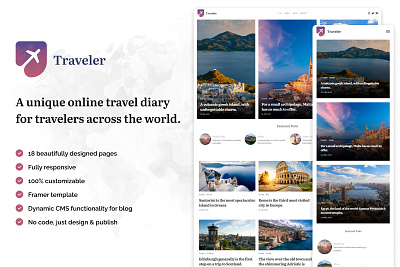 Traveler - Framer Website Template blog framer responsive travel ui website
