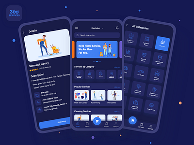 360° Services App Dark Version 360 app app design branding design logo mobile app mobile ui service app services typography ui ui ux ui design ui kit ui kits user experience user interface ux ux design