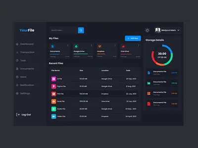 File Storage Dashboard - Drak Mode admin dashboard clean ui creative design darkmode dashboad figmadesign file manager minimal modern design storage trendy design ui uidesign uiinspiration uitrends uiux ux uxdesign uxinspiration uxtrends