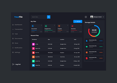 File Storage Dashboard - Drak Mode admin dashboard clean ui creative design darkmode dashboad figmadesign file manager minimal modern design storage trendy design ui uidesign uiinspiration uitrends uiux ux uxdesign uxinspiration uxtrends