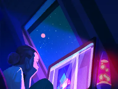 Work at night blue character character design color digitalart home illustration inspiration lamp light moon night office sky woman work workspace