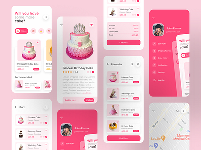 Online Cake Shop App application bakery birthday cake cakes cakeshop cartoon colorful delivery desserts ecommerce app favourite ios app location marketplace minimal online shop pink profile restaurant wedding cake