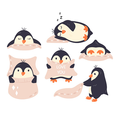 Cute scandinavian style penguin set animal cartoon character character design childish dreamtime flat flat design graphicdesign homedecor illustration kidillustration nordic penguin poster print set sticker texture vector