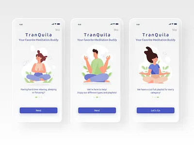 Tranquila - Meditation app onboarding app app design design illustration meditation app mobile app mobile app design ui ui ux ui design uiux