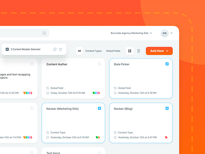 Contentstack CMS UI Updates - Content Models actions add new bulk actions card checkbox cms content date global gradient grid input list multi select multiple select selected shadow tag web app