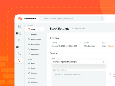 Contentstack CMS UI Updates - Settings adjust admin billing customize default description email filter focus hover input menu overview placeholder plan queue roles search theme upgrade