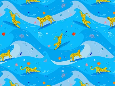 Surfing leopards 🌊 illustration illustration art illustrator kids illustration leopard motif ocean pattern pattern designer sea surfing