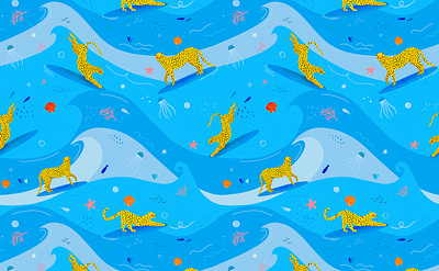 Surfing leopards 🌊 illustration illustration art illustrator kids illustration leopard motif ocean pattern pattern designer sea surfing