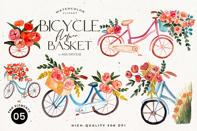 Bicycle with Flower Basket - Watercolor Flowers art artwork basket bicycle bicycles bicycling bike bike ride cute drawing drawn floral flower hand drawn illustration lovely painting pink png summer