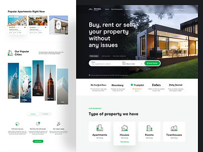 Real Estate Homepage - Zeruma apartment building buy card features header hero house landing page property property management real estate real estate agent rent responsive design room sell testimonials ui design web design