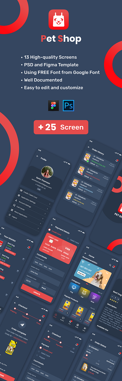 PET SHOP UI APPLICATION KIT - FIGMA & ADOBE PHOTOSHOP app design ecommerce design figmadesign mobile mobile design mobile ui psd design