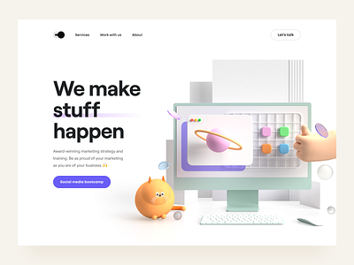 We make stuff happen 🙌 3d 3d background 3d icon 3d illustration cat illustration clean cube hero header illustration imac keyboard minimal mouse ui ui design ux ux design web web design website