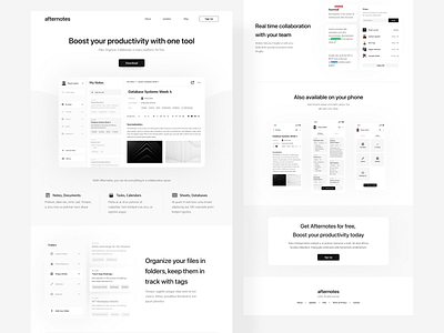 Afternotes - Collaboration Platform Landing Page black and white calendar collaboration docs documents landing page minimalist monochrome notes organizer sharing tasks ui design ux web website