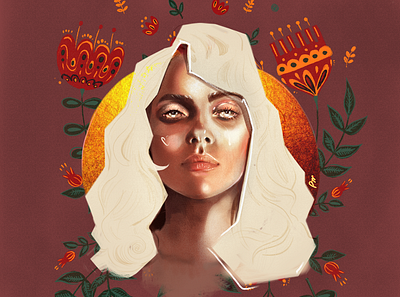 the gorgeous 🖤👑 billie eilish billieeilish design digital art digital illustration flower pattern flowerpattern gold gorgeous graphic design illustration illustrations peach portrait portrait illustration procreate russian russian pattern vogue white hair