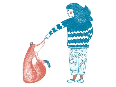 Fox Nose Touch closeness curiosity drawing fox friendship girl illustration touch trust