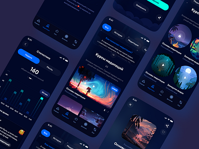 Moment - App Sleep Meditation and Sounds app app design application calm dark mode dark ui design flat illustration ios meditate mobile mobile ui night night mode relax sleep space statistics ui