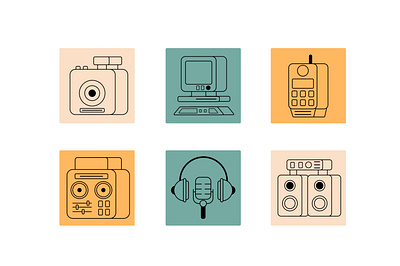 Icons set branding camera design flat headphones illustration microphone polaroid sound sound system telephone television vector vintage vintage design vintage illustration