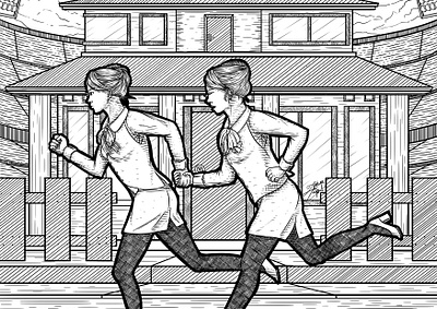 Run art attendant bun cross decorative drawing flight hair hatching house illustration lady line line art line drawing run running stadium stylized woman