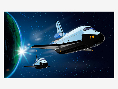 Spaceship, space shuttle in space cosmos earth flare fly shuttle space spaceship stars sun