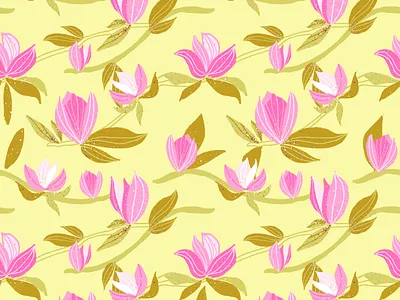 Pink Magnolia on yellow bloom blossom floral flowers illustration magnolia nature ornament pattern pink print spring surfacedesign yellow