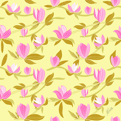 Pink Magnolia on yellow bloom blossom floral flowers illustration magnolia nature ornament pattern pink print spring surfacedesign yellow