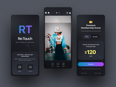 Retouch Picture Mobile App app app design dark mode dark ui design gradient minimal mobile trend typogaphy ui ux