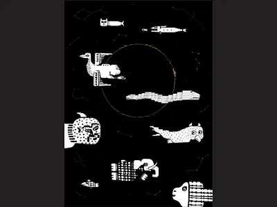 ECLIPSE birds black and white character design fish hybrid illustration monster vector illustration