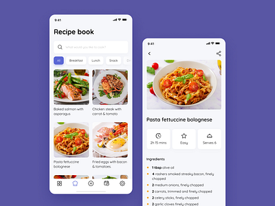 Recipe book App Design account animation application book cooking dinner dish food interactive ios list notebook purple recipe search tab bar tabs tile ui