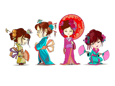 Beautifull japanese girls set stand and sit in kimono asian attractive azure beautiful beauty belt brolly canopy cartoon cerulean character charming cherry cherry tree chinese geisha girl profile umbrella vector