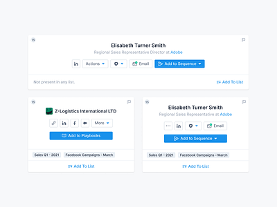 Contact & Account - Components actions add add to list add to sequence analytics apollo badge card crm dashboard email hubspot list outreach playbook salesforce sequence sequencer strategy zoominfo
