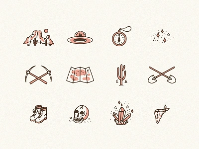 Wonder Rocks & Minerals Branding arizona branding cowboy cowgirl crystals desert geological goedes hat icon icon set illustration landscapce minerals pickaxe rocks saguaro shovel western wonder