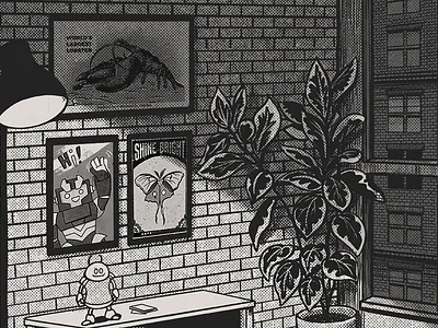 Close-up for portfolio home page apartment background black and white city halftone illustration lighting plants portfolio poster robot room texture