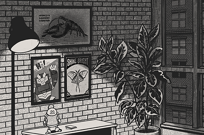 Close-up for portfolio home page apartment background black and white city halftone illustration lighting plants portfolio poster robot room texture