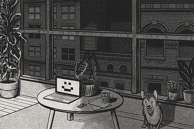 Close-up for portfolio home page apartment background black and white city dark dog halftone illustration lighting plants portfolio robot room texture