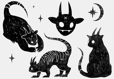 Dark cute creatures 2d art black and white creatures devils horned