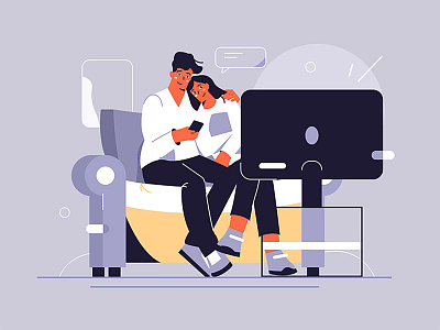 Watching TV couch couple family flat home hugging illustration leisure man relationship show sofa spare style time tv vector watching weekend woman