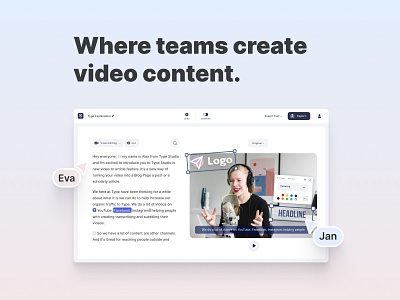 Type Studio for Teams editing interface subtitles text based transcript transcription ui ux video video editing web