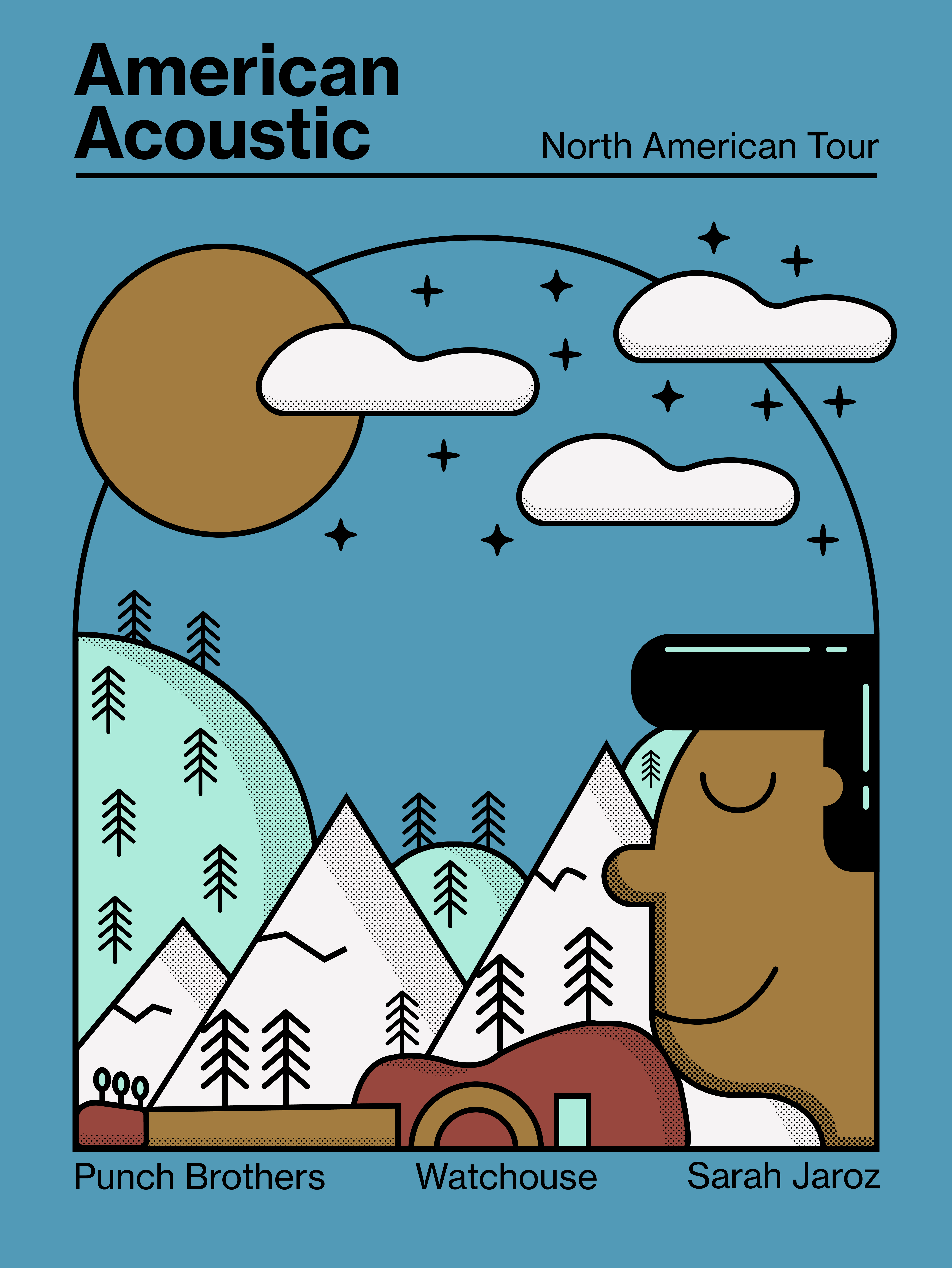 American Acoustic Gig Poster blue brown color fun gold green illustration minimal music nature outdoors poster vector