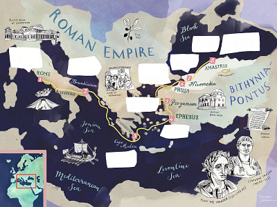 Roman Empire Map Illustration for BBC World Histories Magazine antiquity art drawing editorial editorial art editorial illustration geography hand drawn hand lettered handdrawn historic illustrated map illustration magazine magazine illustration map art mediterranean roman roman empire travel