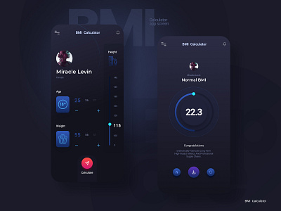 BMI calculator App Design activity tracker app application calculator dark ui figma fitness health profile ui ux workout