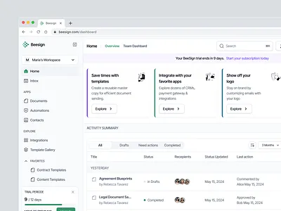 Beesign - eSign Document Dashboard app business clean dashboard digital signature document editor electronic signature homepage modern pdf presentation product desgin rich text saas signature templates text editor web app workplace